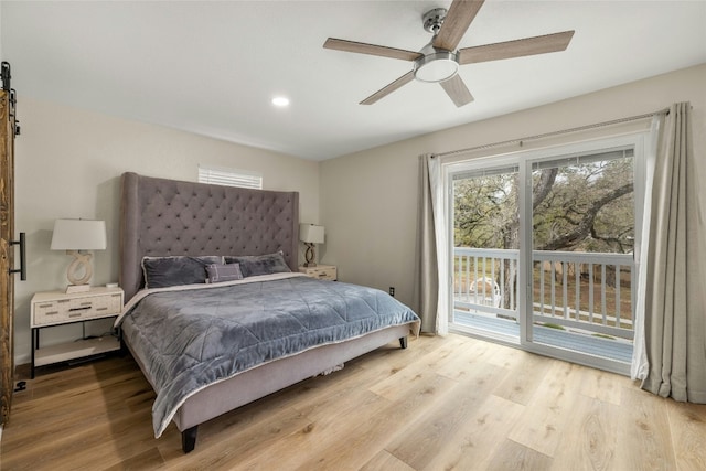 bedroom with access to exterior, light wood-type flooring, and ceiling fan