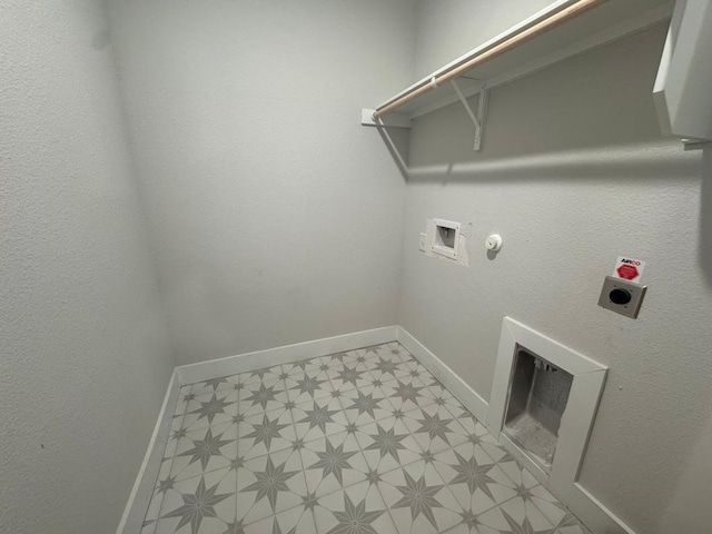 laundry room featuring electric dryer hookup, washer hookup, baseboards, light floors, and laundry area