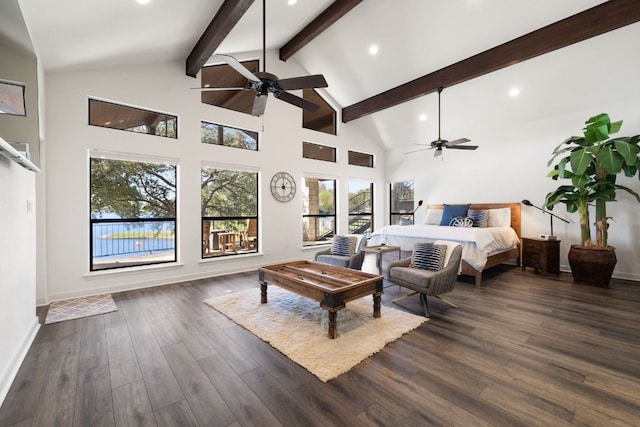 bedroom featuring ceiling fan, beam ceiling, dark hardwood / wood-style flooring, and high vaulted ceiling