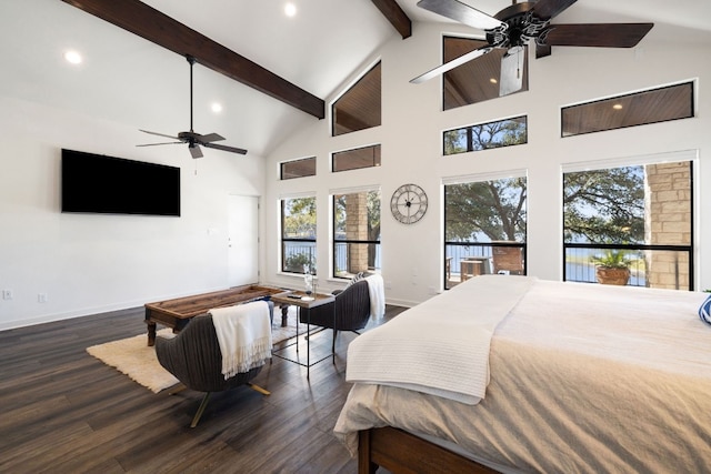 bedroom featuring ceiling fan, dark hardwood / wood-style floors, beam ceiling, and high vaulted ceiling