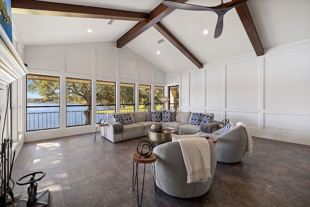 living room featuring beamed ceiling, high vaulted ceiling, and ceiling fan