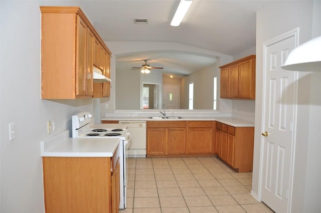 12817 Paloma Blanca Way, Del Valle, TX 78617 - kitchen featuring white appliances, vaulted ceiling, ceiling fan, ventilation hood, and light countertops