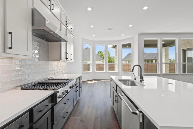 2109 Tobiano Trce, Georgetown, TX 78633 - kitchen with extractor fan, a sink, stainless steel appliances, dark wood-style floors, and a kitchen island with sink