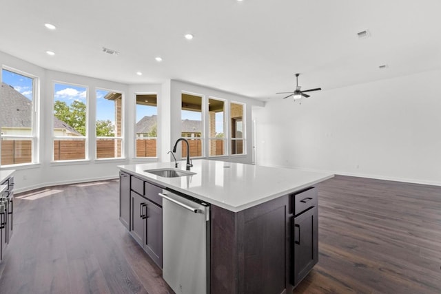 2109 Tobiano Trce, Georgetown, TX 78633 - kitchen featuring a sink, dishwasher, dark wood-style flooring, recessed lighting, and ceiling fan