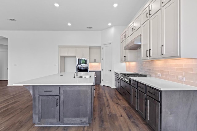 2109 Tobiano Trce, Georgetown, TX 78633 - kitchen with a sink, under cabinet range hood, stainless steel appliances, dark wood finished floors, and a center island with sink