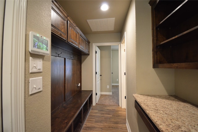 mudroom featuring dark wood-type flooring