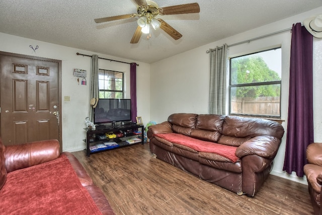 living room with a textured ceiling, hardwood / wood-style flooring, and a wealth of natural light