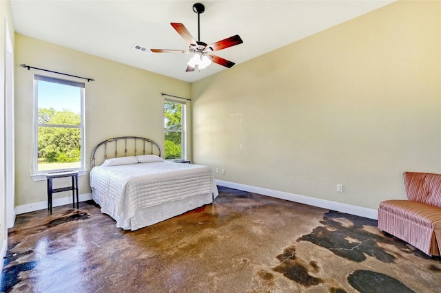 bedroom with multiple windows, baseboards, visible vents, and concrete floors