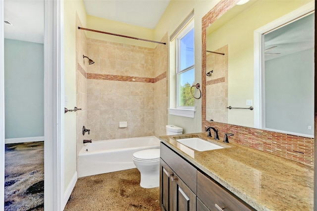 bathroom featuring toilet, shower / tub combination, decorative backsplash, baseboards, and vanity