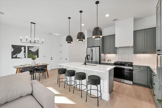 kitchen featuring gray cabinets, light hardwood / wood-style flooring, appliances with stainless steel finishes, a kitchen island with sink, and backsplash