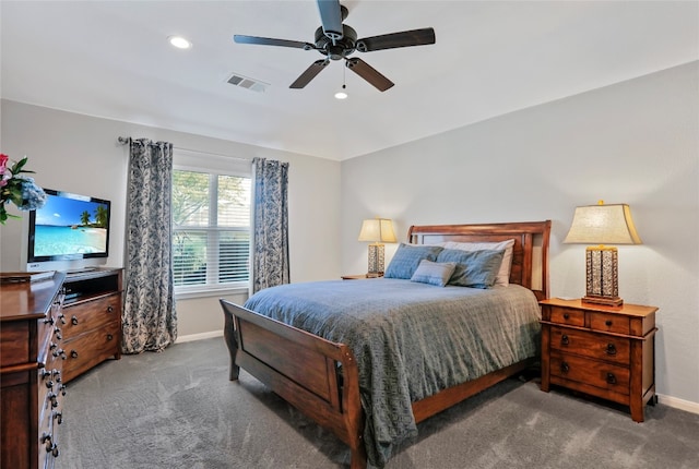 carpeted bedroom with ceiling fan