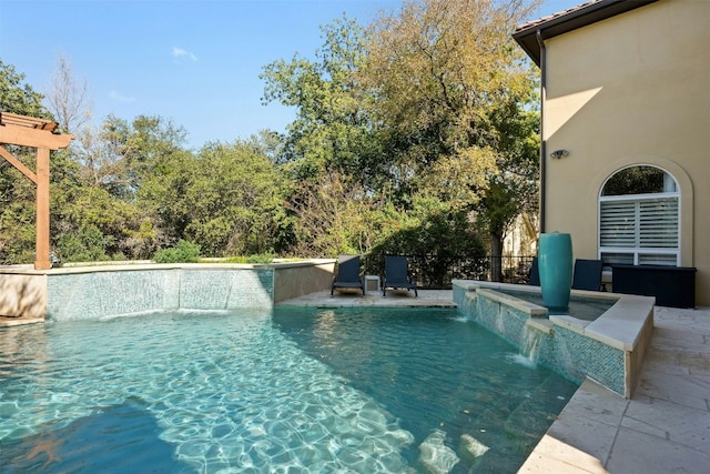 view of swimming pool with pool water feature