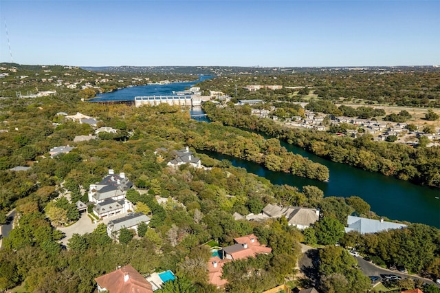 drone / aerial view with a water view