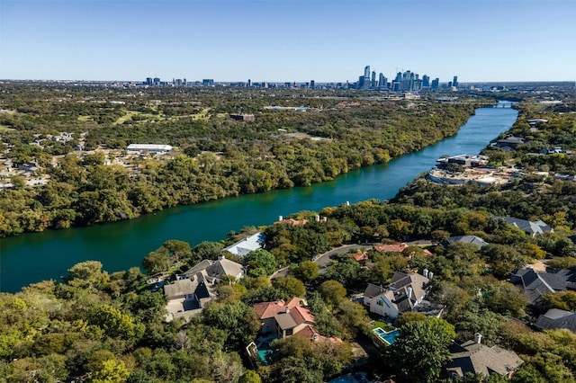 drone / aerial view with a water view