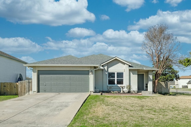 single story home with concrete driveway, an attached garage, fence, a front lawn, and stucco siding