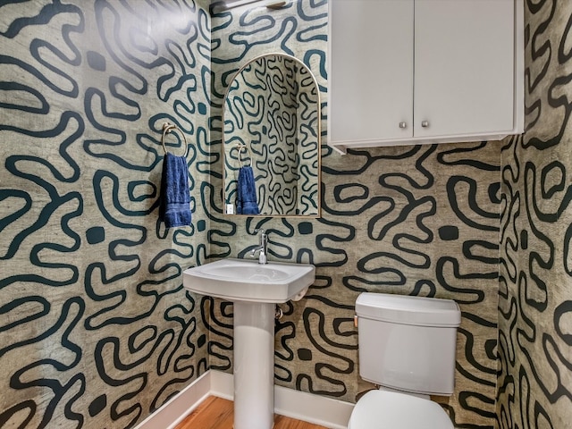 bathroom with hardwood / wood-style flooring and toilet