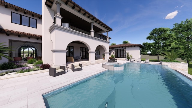 back of property featuring a patio area, a swimming pool with hot tub, and a balcony