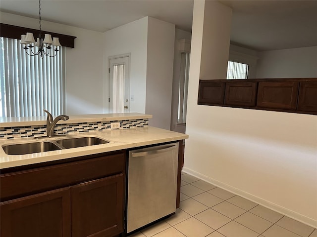 kitchen with dishwasher, tasteful backsplash, hanging light fixtures, and sink