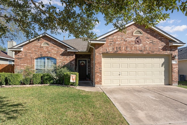 view of front of property with central AC unit, a garage, and a front lawn