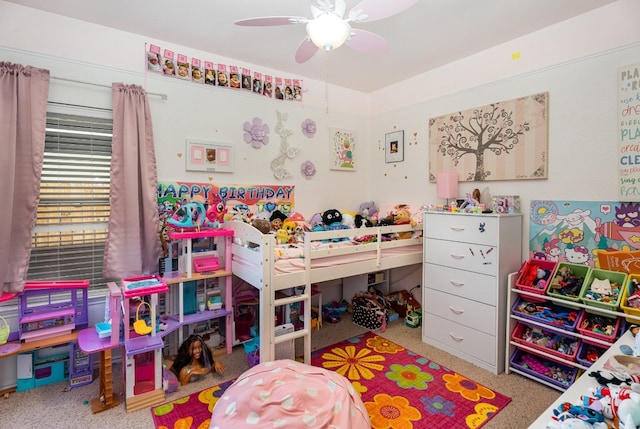 bedroom featuring carpet and ceiling fan