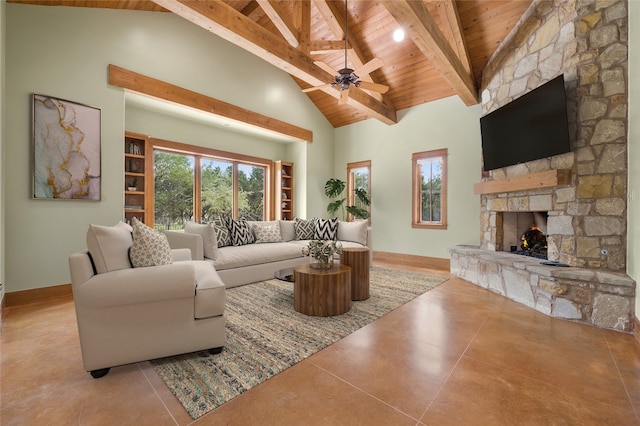 living room with a fireplace, high vaulted ceiling, wood ceiling, and beamed ceiling