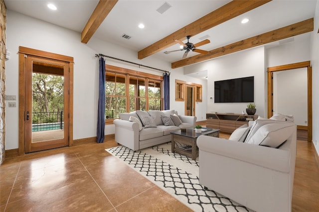 living room featuring beam ceiling and ceiling fan