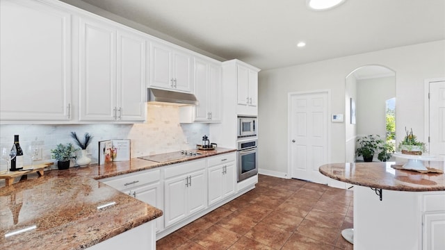 kitchen featuring decorative backsplash, stainless steel appliances, white cabinetry, and dark stone countertops