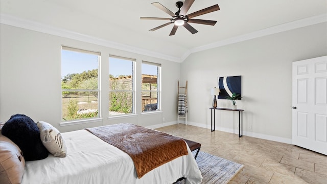 bedroom with vaulted ceiling, ceiling fan, and crown molding