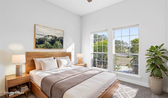 bedroom featuring carpet flooring and ceiling fan