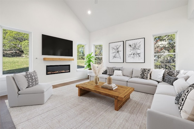 living room featuring light wood-type flooring, high vaulted ceiling, and a healthy amount of sunlight