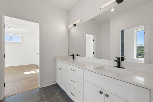 bathroom with hardwood / wood-style floors, vanity, and a healthy amount of sunlight