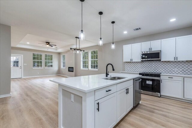 kitchen with white cabinets, appliances with stainless steel finishes, decorative light fixtures, and sink