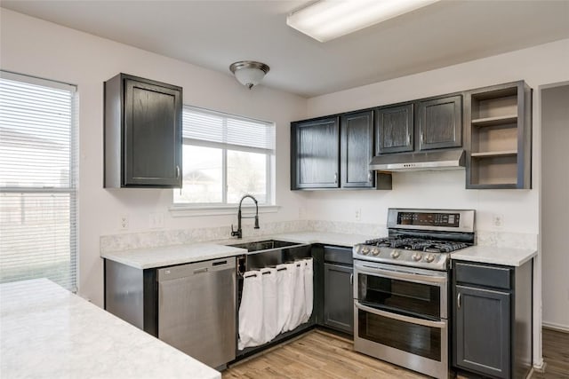 kitchen with plenty of natural light, light wood-type flooring, sink, and appliances with stainless steel finishes