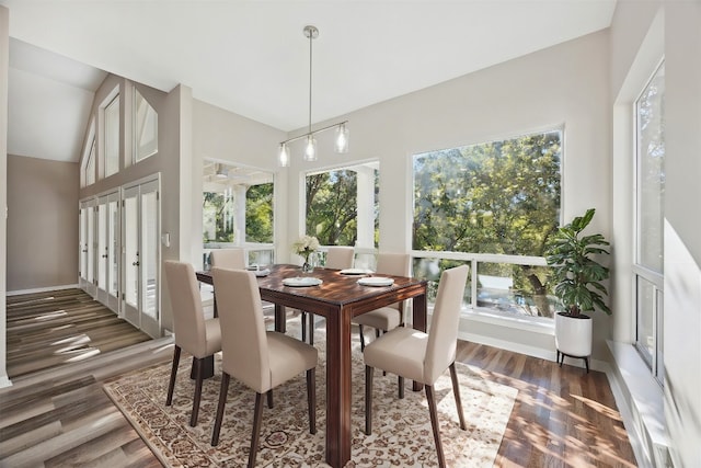 dining area with dark hardwood / wood-style floors and lofted ceiling