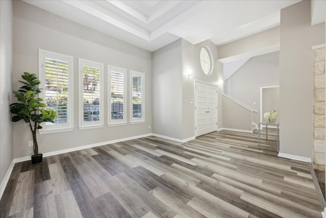 unfurnished living room with wood-type flooring and a towering ceiling