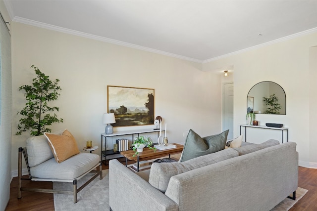 living room with ornamental molding and wood-type flooring