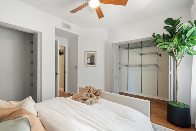 bedroom featuring wood-type flooring and ceiling fan