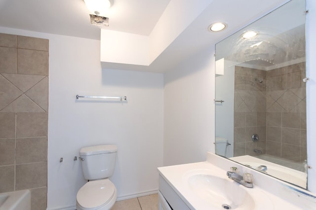 full bathroom with toilet, vanity, tile patterned floors, and tiled shower / bath combo