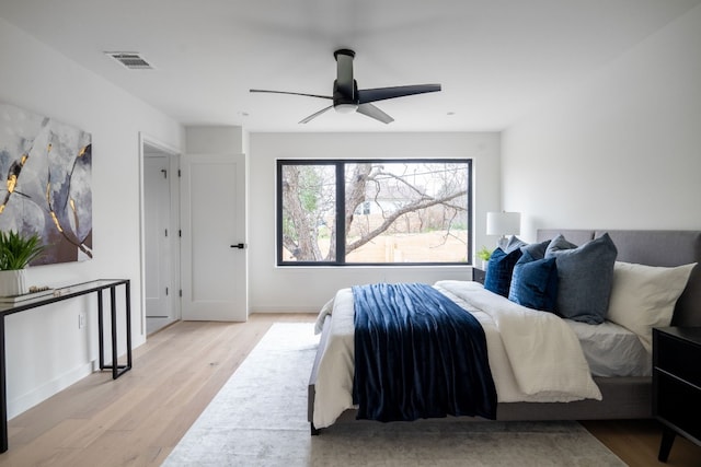 bedroom featuring ceiling fan and light hardwood / wood-style floors