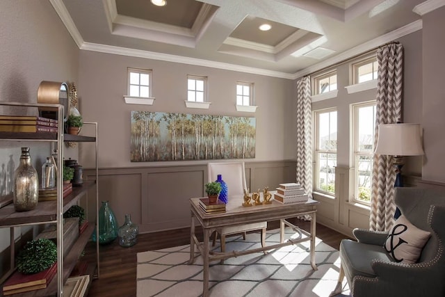 office featuring hardwood / wood-style floors, a wealth of natural light, and crown molding