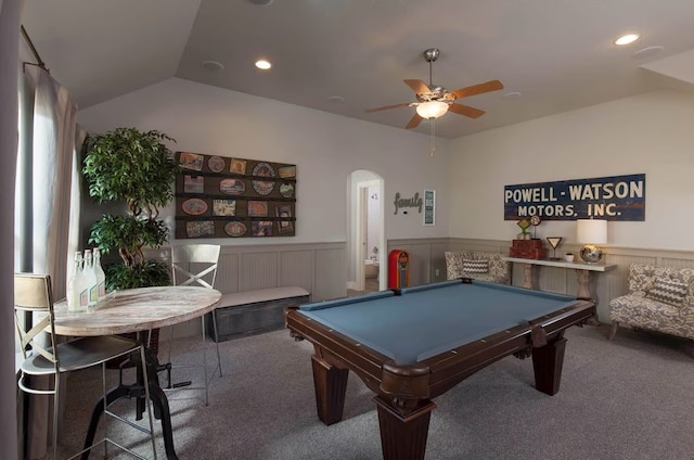 playroom featuring carpet, vaulted ceiling, ceiling fan, and pool table