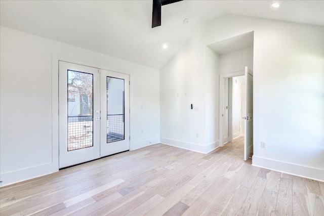 2618 E 4th St, Austin, TX 78702 - unfurnished room featuring lofted ceiling, french doors, light wood-type flooring, baseboards, and recessed lighting