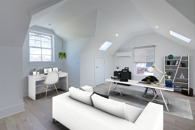 office area featuring vaulted ceiling, a wall mounted air conditioner, wood finished floors, and baseboards