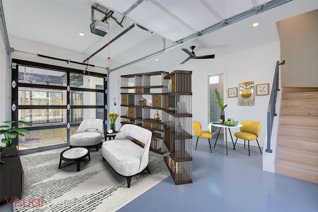 2618 E 4th St, Austin, TX 78702 - living area with finished concrete floors, stairs, recessed lighting, and a garage