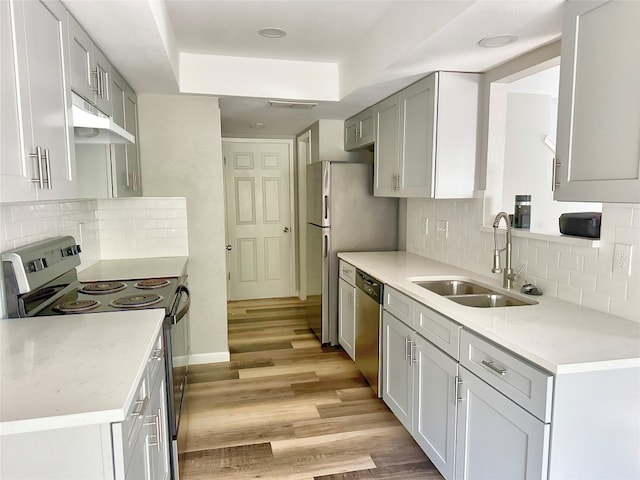 kitchen with backsplash, sink, stainless steel appliances, and light hardwood / wood-style flooring