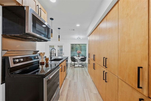 kitchen with stainless steel appliances, hanging light fixtures, light hardwood / wood-style floors, and sink