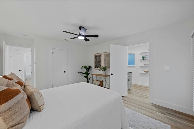 bedroom with ceiling fan and light hardwood / wood-style floors