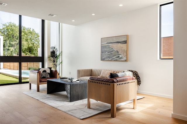 interior space with light hardwood / wood-style floors and a wall of windows