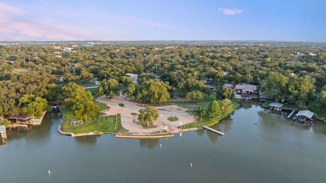 aerial view at dusk featuring a water view