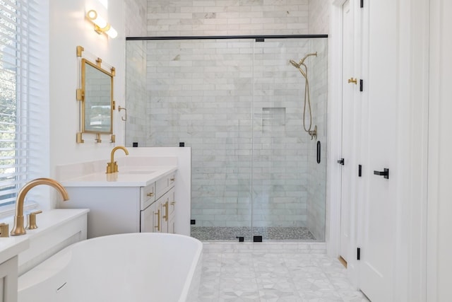 bathroom featuring vanity and plus walk in shower